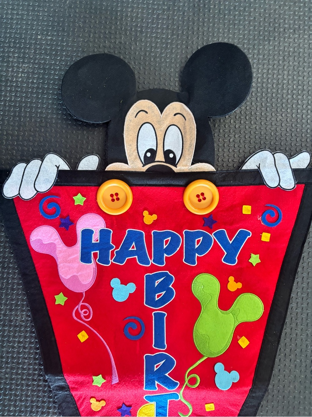 Disney Red Mickey Birthday Banner with Blue Letters and Yellow Buttons